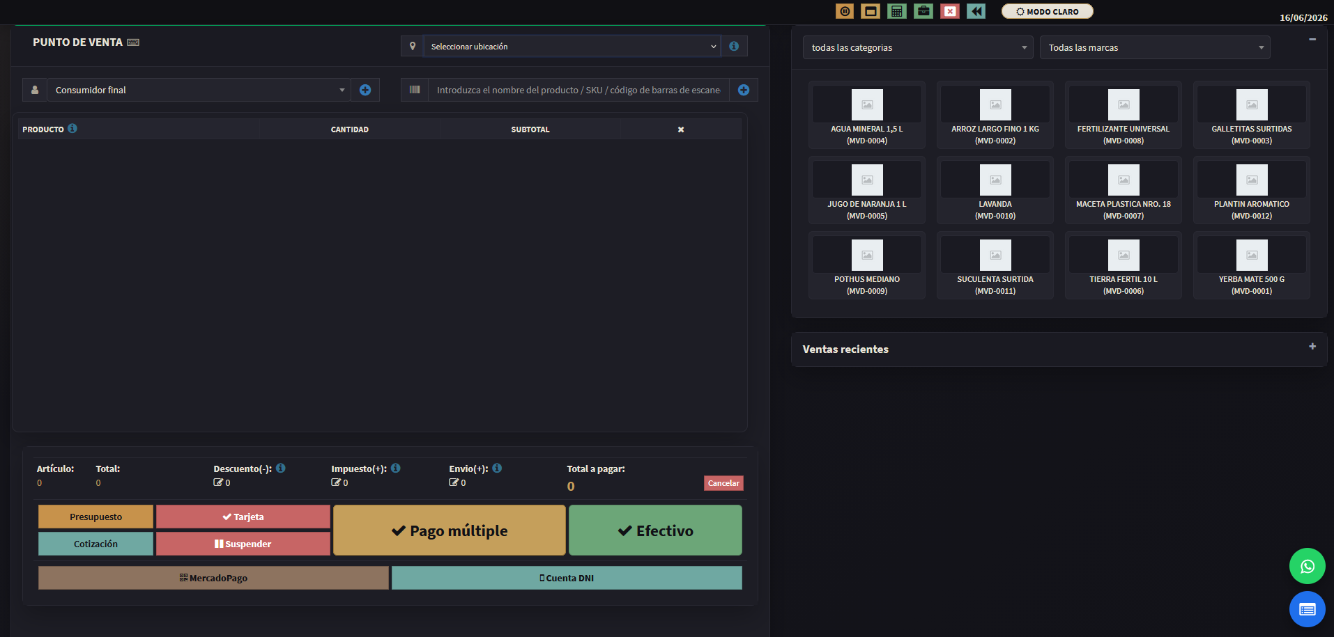 Punto de venta de FNX-SYS en modo oscuro